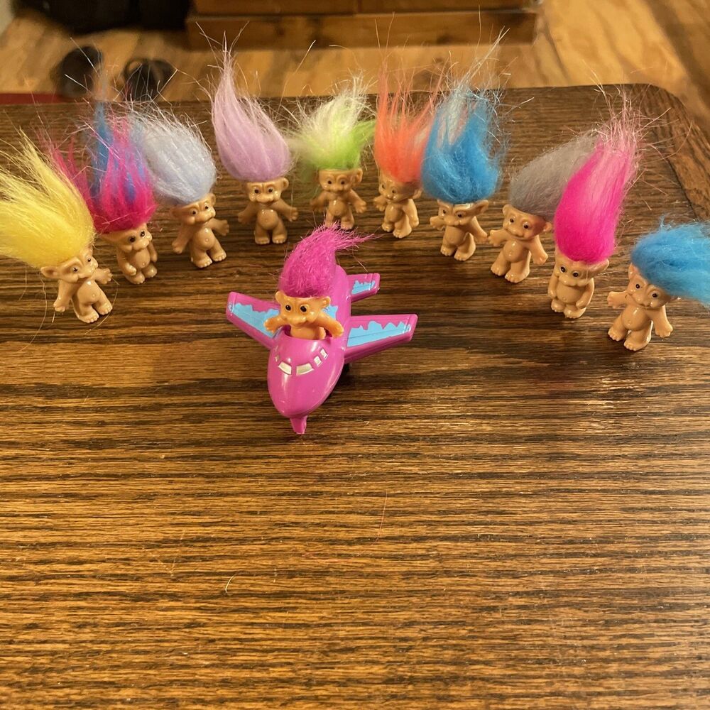 Russ Vintage Mini Plastic Troll Doll Toys 1” Lot Of 11 Pink Blue Green Airplane